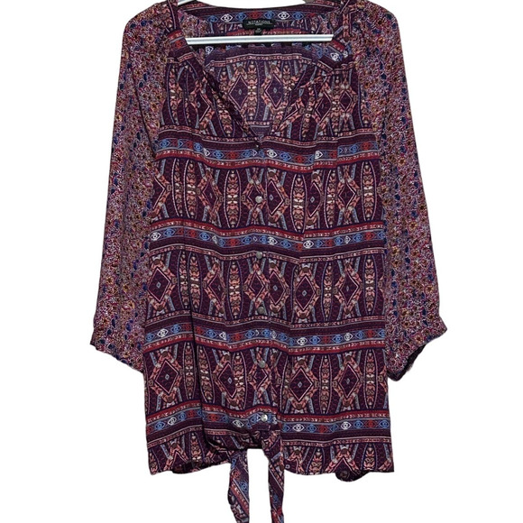 Notations Tops - Notations Woman V-Neck Floral Button Front Long Sleeve Ties at Hem Size 2X